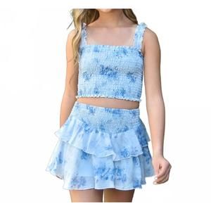 NEW FLOWERS BY ZOE girl's liv chiffon smock top in blue roses